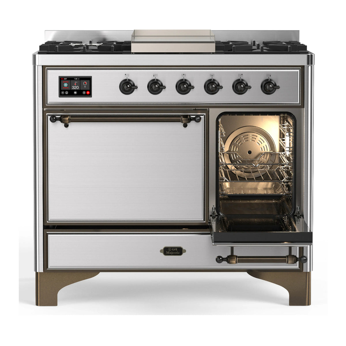 Stainless steel dual fuel range with open oven doors showing interior racks