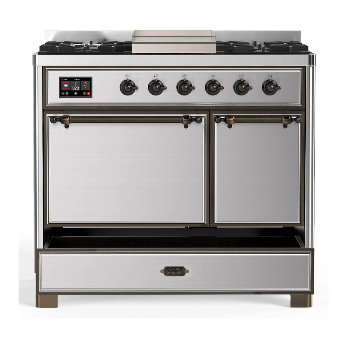 Stainless steel dual fuel range with two closed oven doors and burner control knobs
