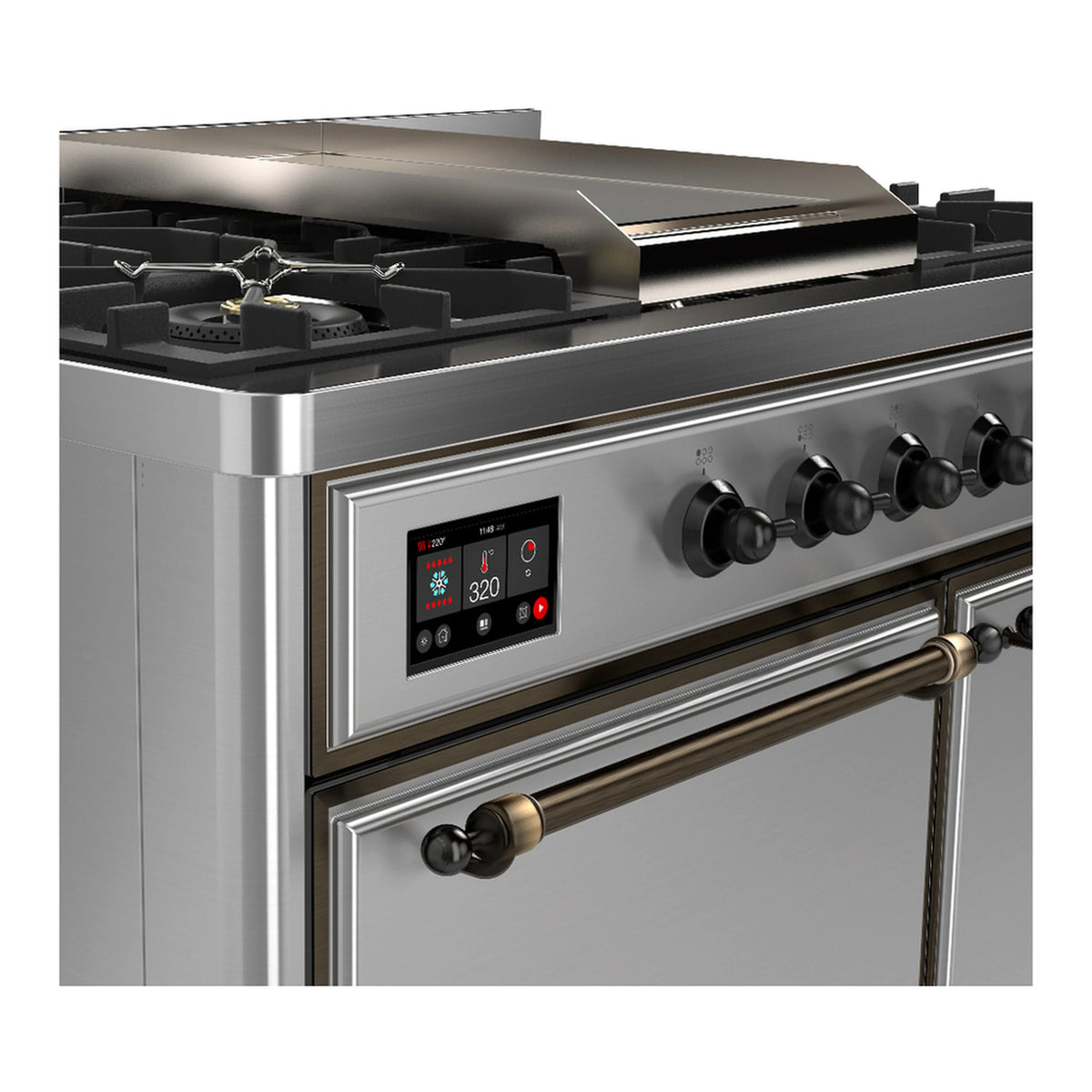 Stainless steel range with side control panel showing digital display and brass handles