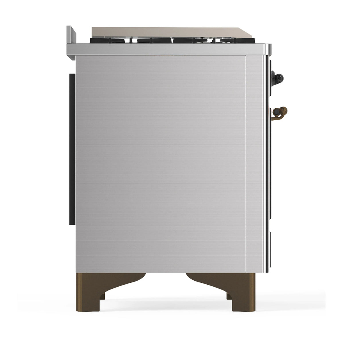 Stainless steel dual fuel range rear side view with vented top and side fittings