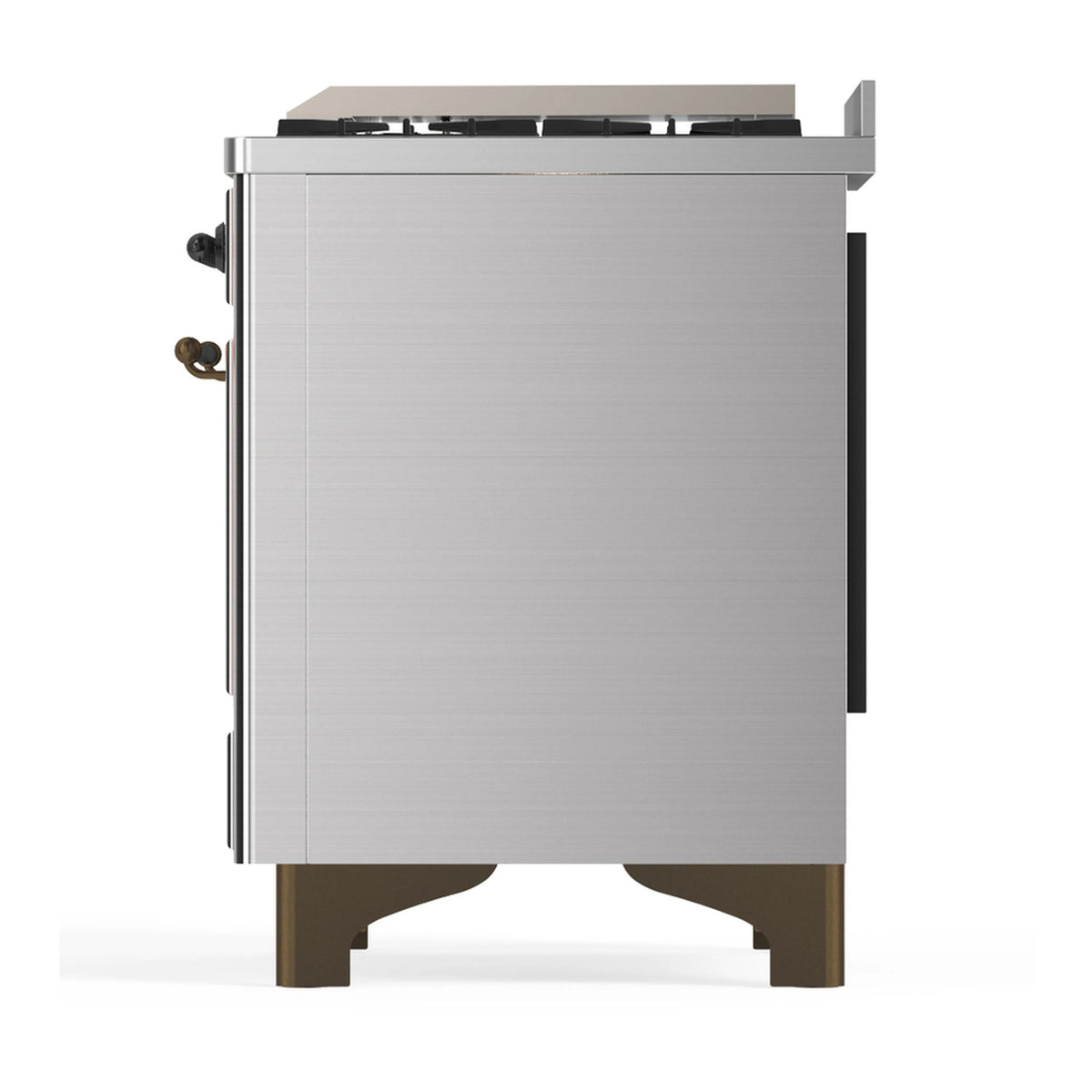 Stainless steel dual fuel range rear-side view with black side access panel