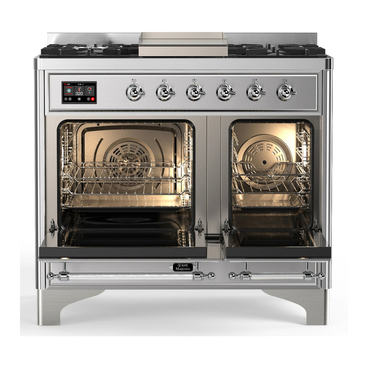 Stainless dual-fuel range with oven doors open and dual racks inside