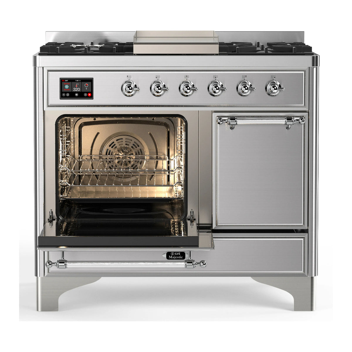 Stainless dual-fuel range with left oven open and right solid oven door closed