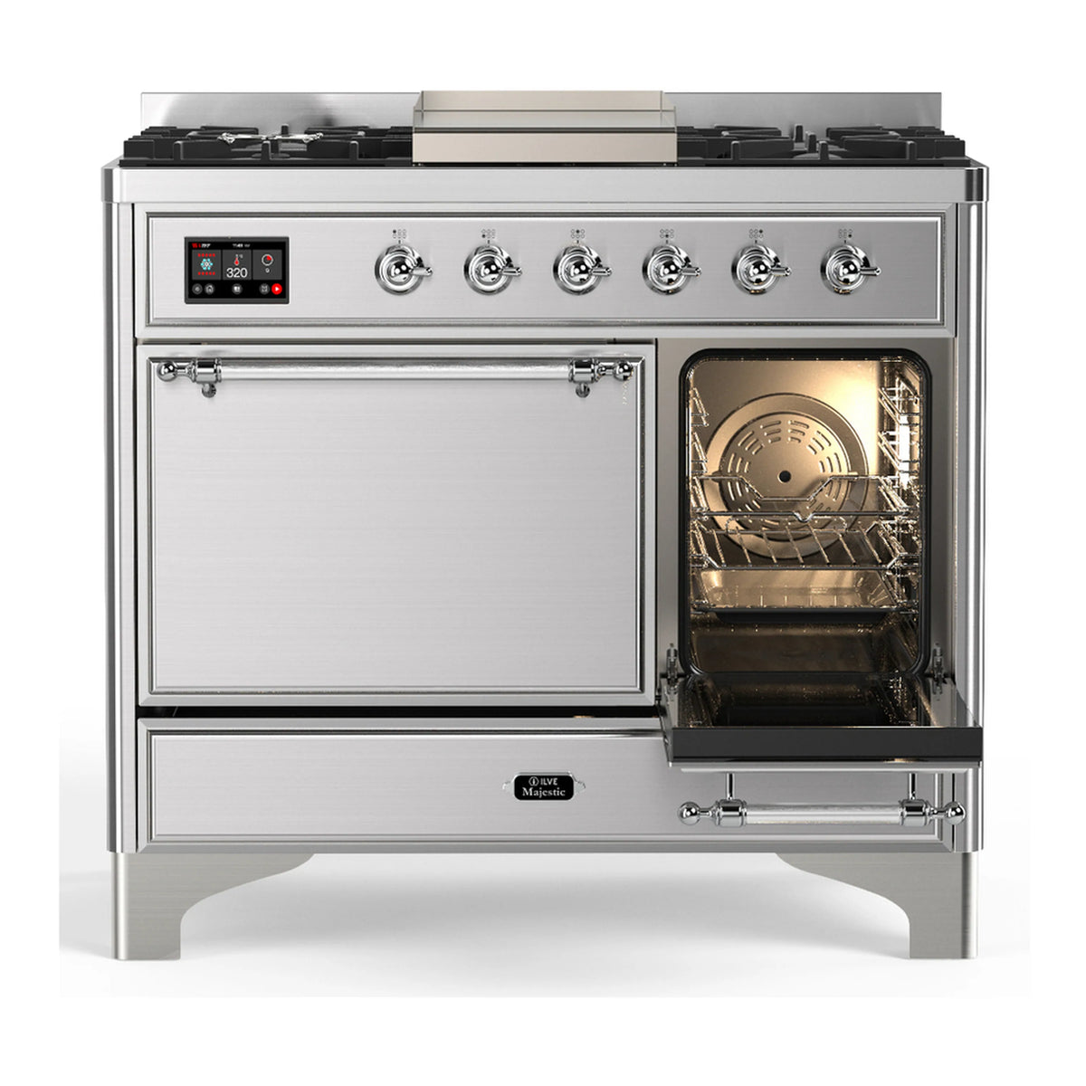 Stainless dual-fuel range with one oven door open and chrome-trimmed front