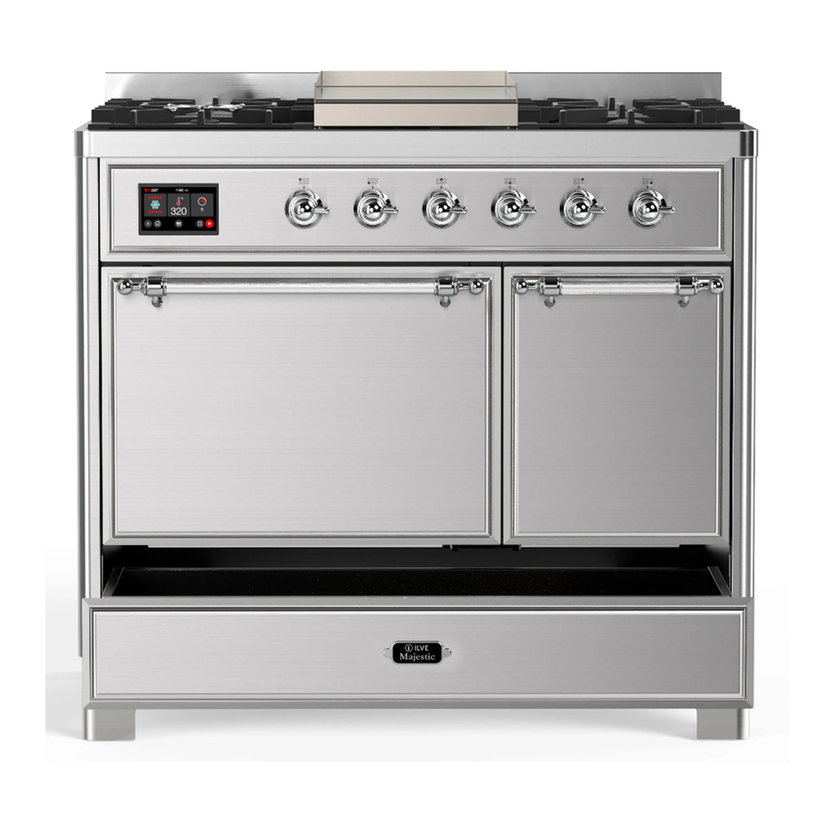Stainless dual-fuel range with two closed oven doors and front control panel