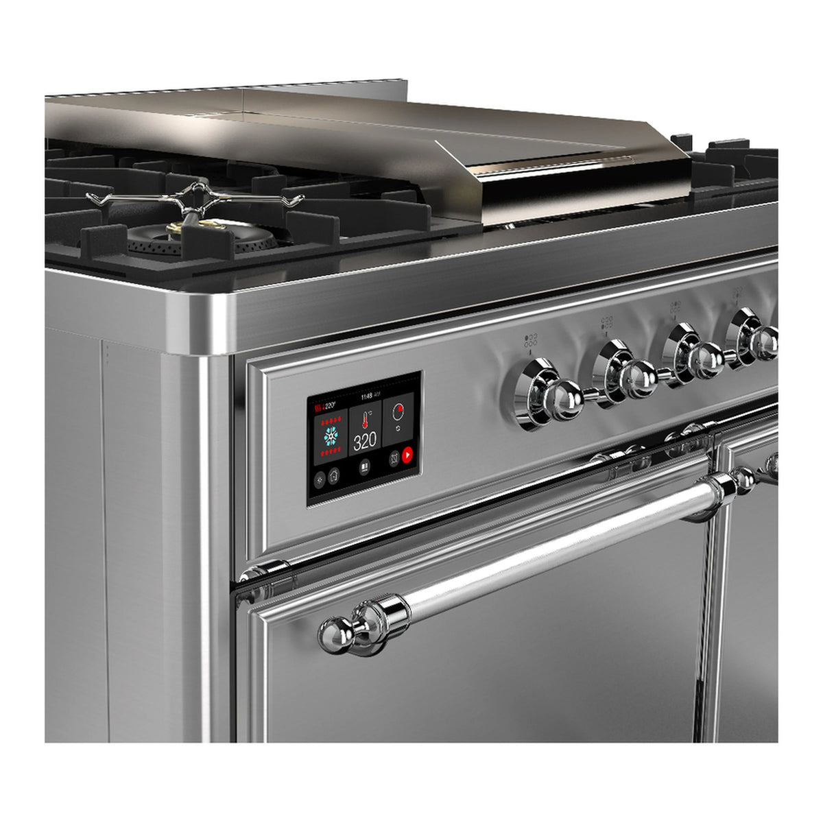 Stainless dual-fuel range close-up of control display and chrome oven handle