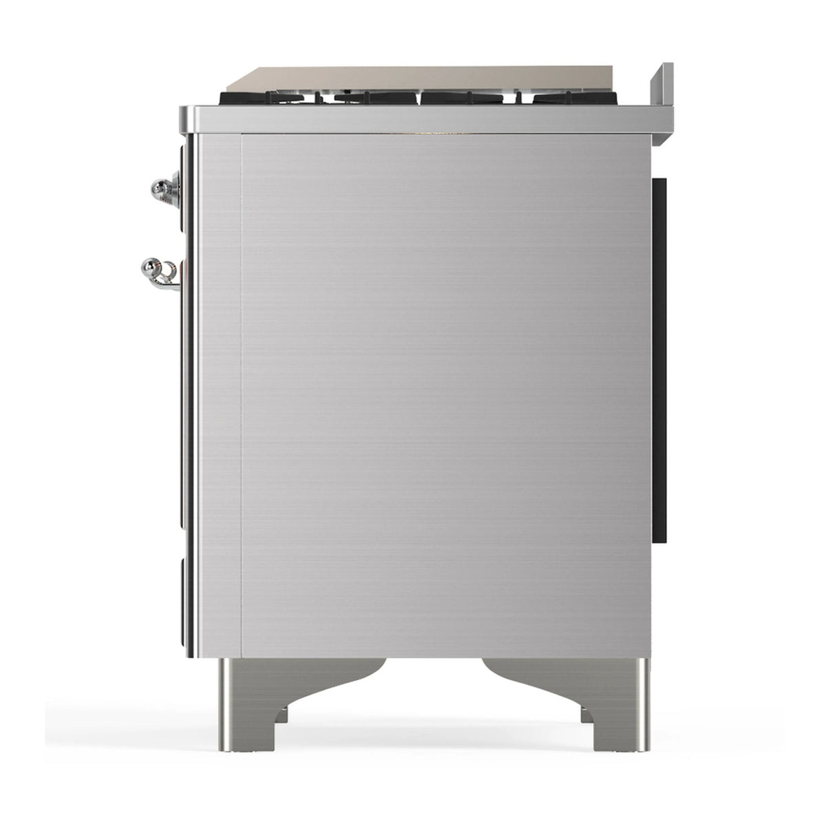 Stainless dual-fuel range side view with handles and vented trim