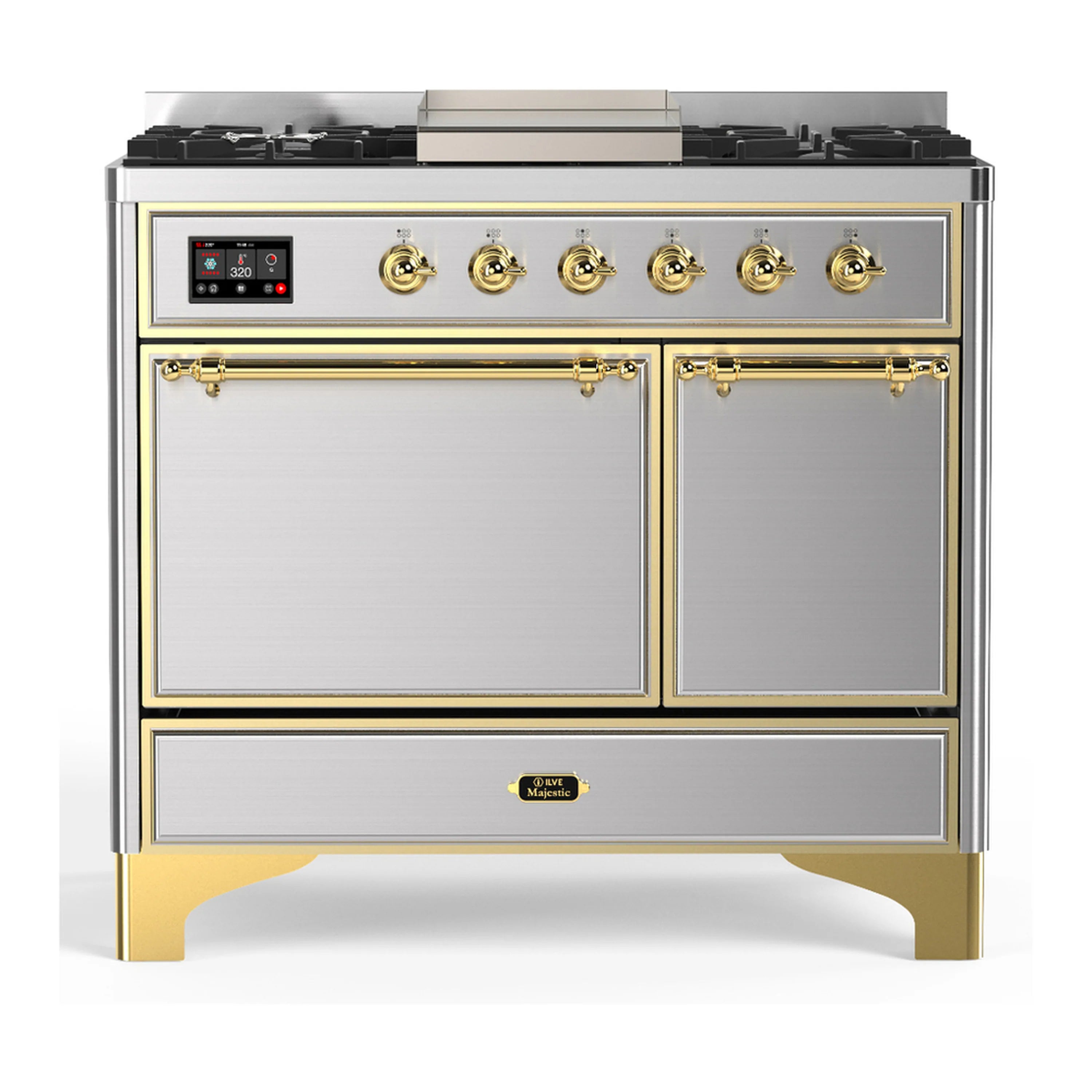 Dual fuel range with stainless steel and brass trim, both oven doors closed