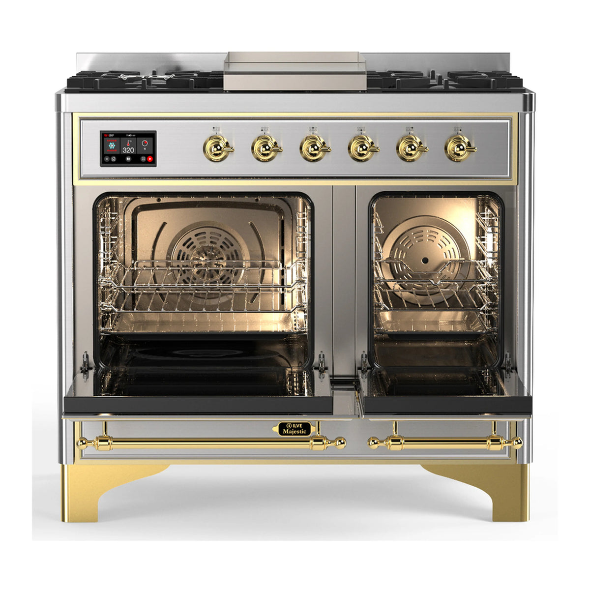 Dual fuel range with stainless finish, brass trim, open ovens and six gas burners