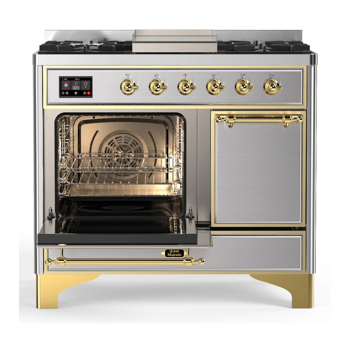 Dual fuel range with stainless steel body, brass accents, open oven door and six burners