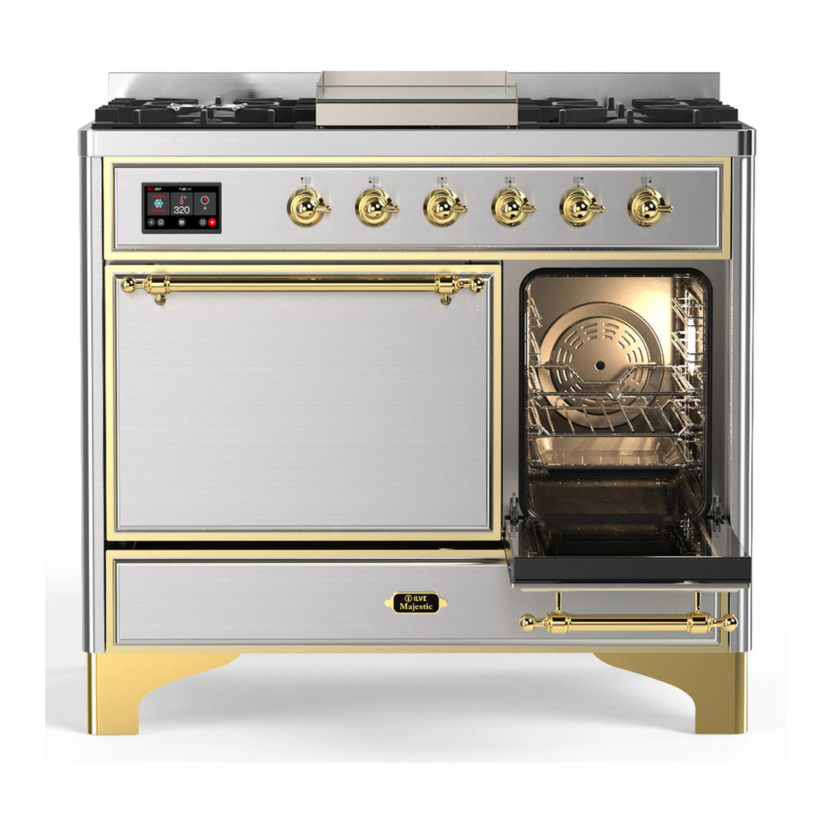 Dual fuel range with stainless steel and brass trim, one oven door open, six gas burners