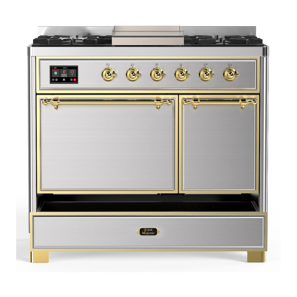 Dual fuel range with stainless finish, brass trim, two closed oven doors, six gas burners