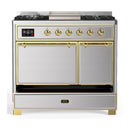 ILVE Majestic III 40-inch Dual Fuel Range with 6 Natural Gas Burner, Griddle and Solid Door Electric Oven in Stainless Steel with Brass Trim (UMD40FQNR3SSG)