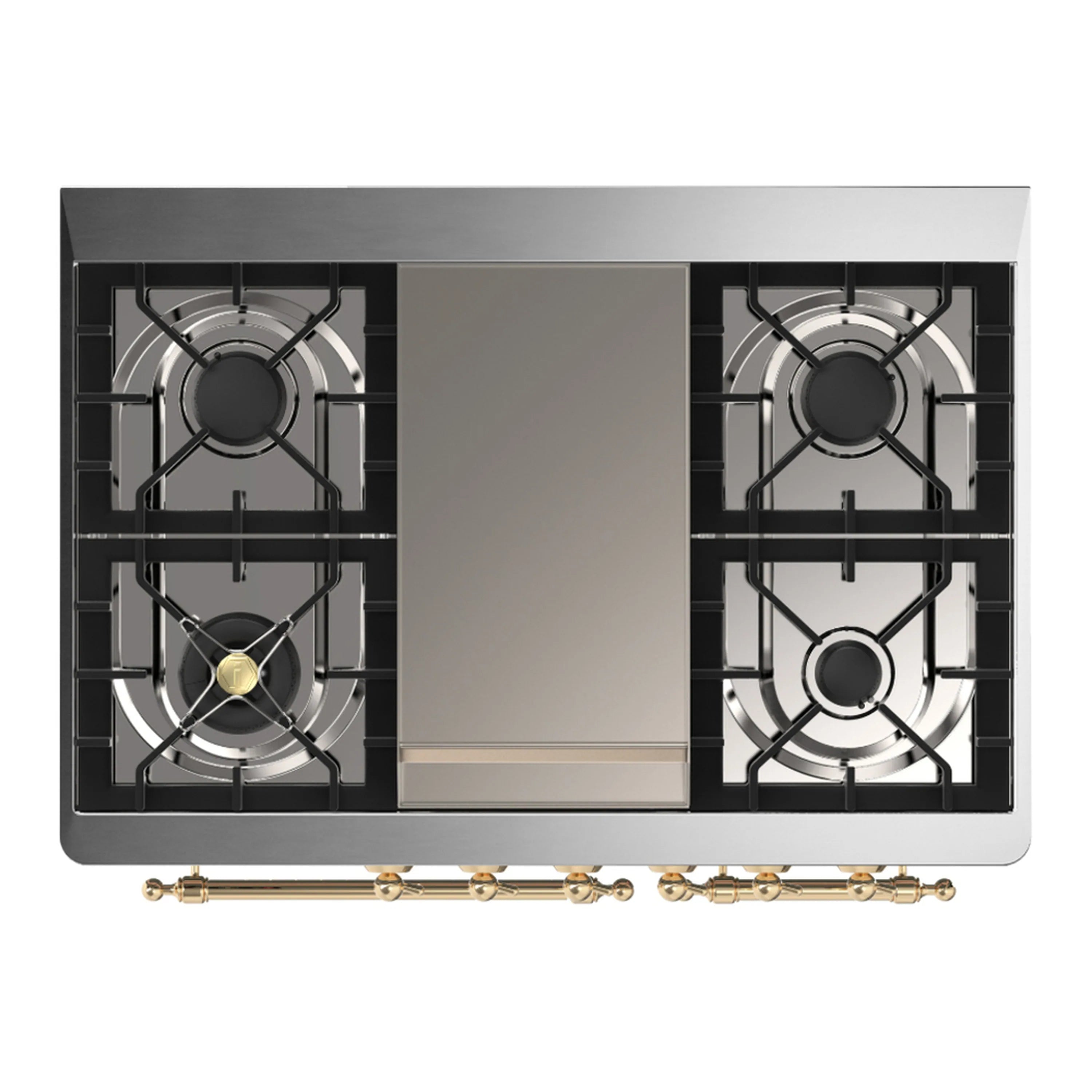 Dual fuel range burner layout with two gas burner grates and central panel