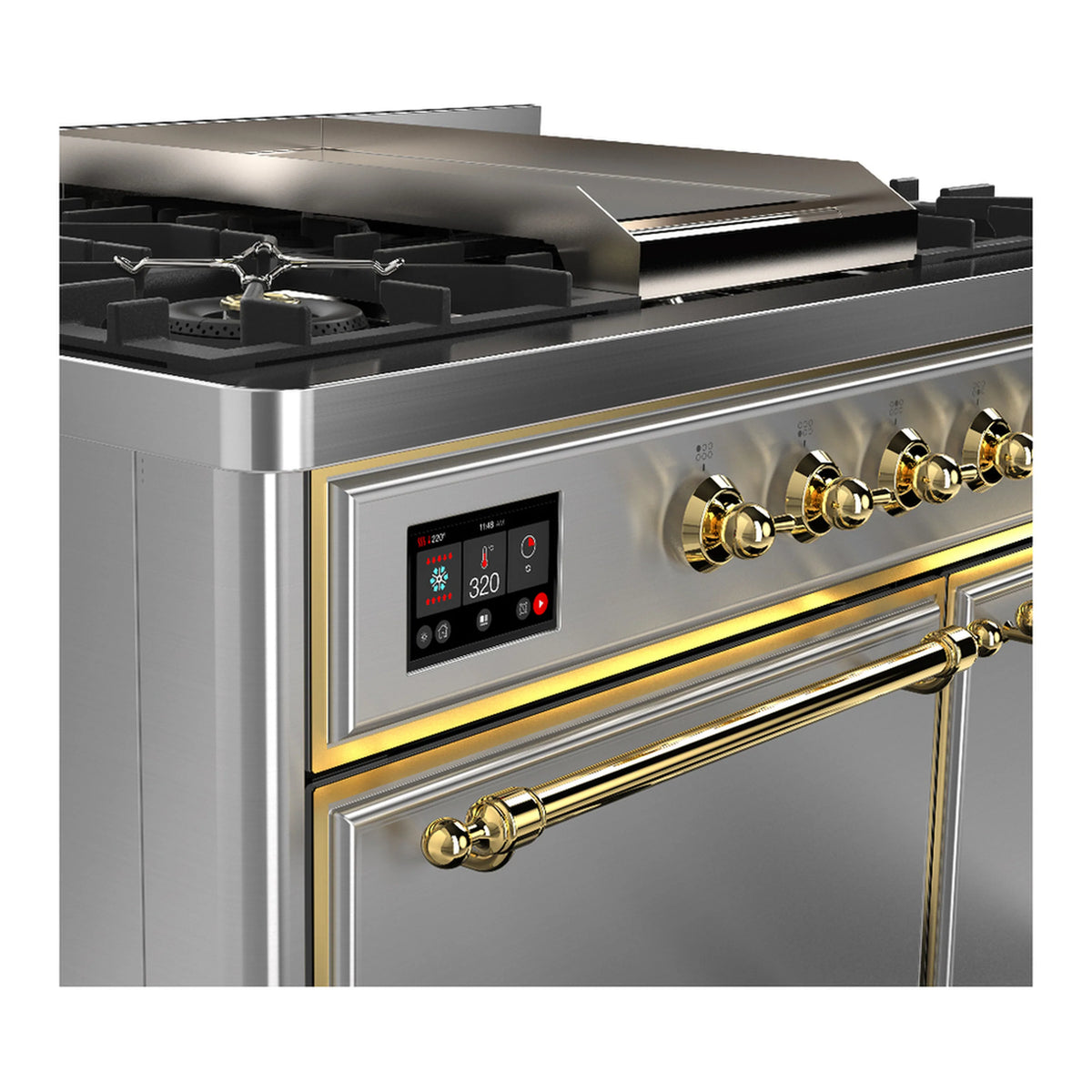 Control panel and brass handle of dual fuel range with stainless steel oven