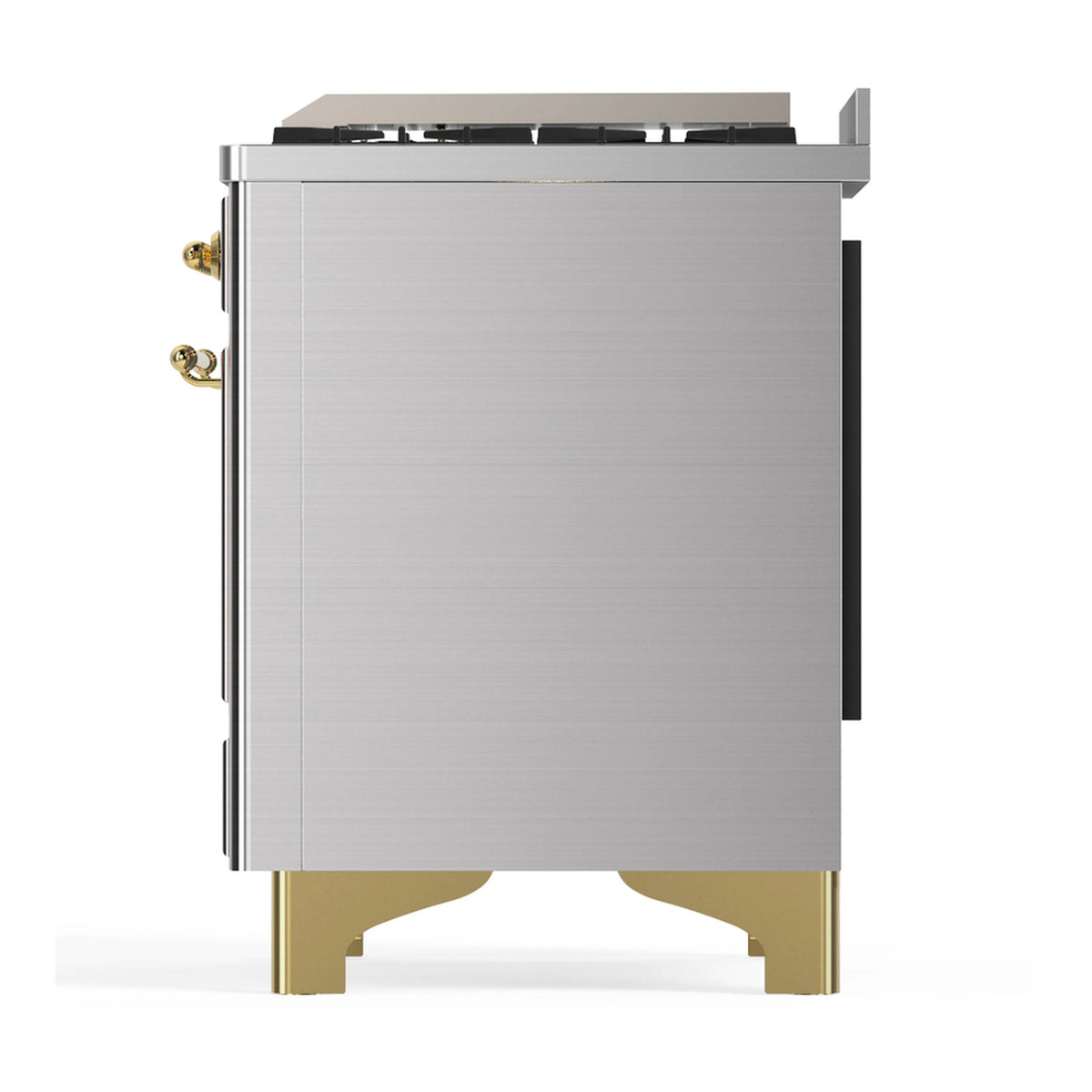 Rear three-quarter view of stainless dual fuel range with brass trim and side panels