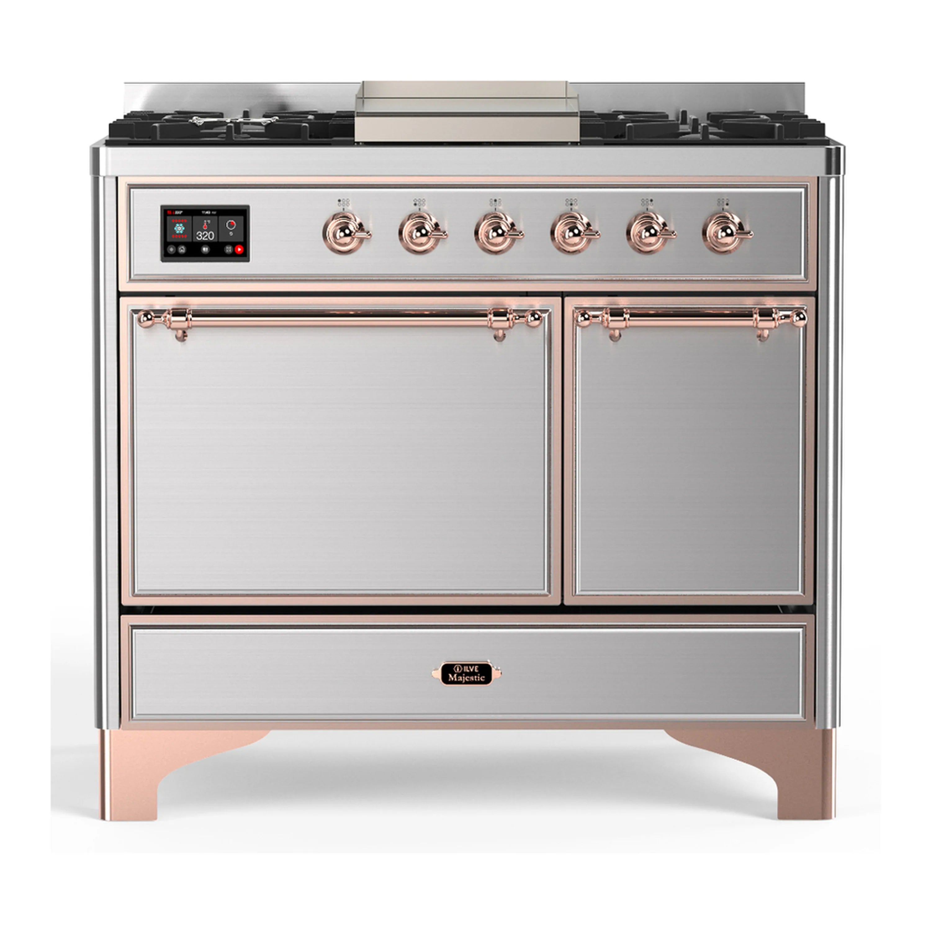 Stainless dual fuel range with copper trim, 6 burners, griddle, and both oven doors closed