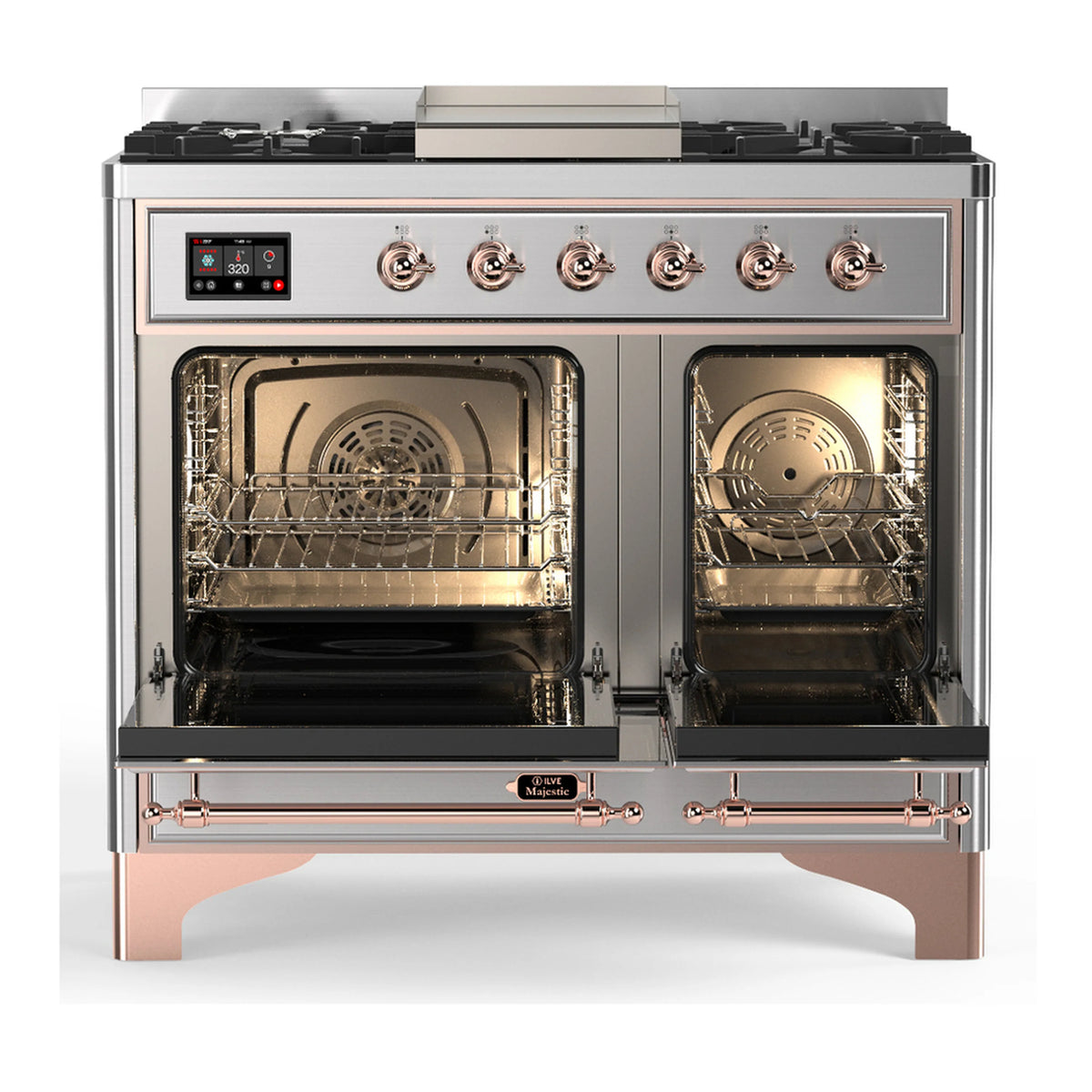 Stainless dual fuel range with copper trim, 6 burners, griddle, and two open ovens