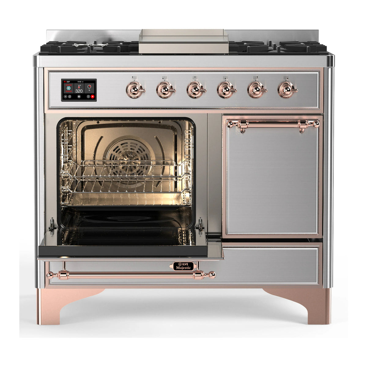 Stainless dual fuel range with copper trim, front controls, two ovens—one open