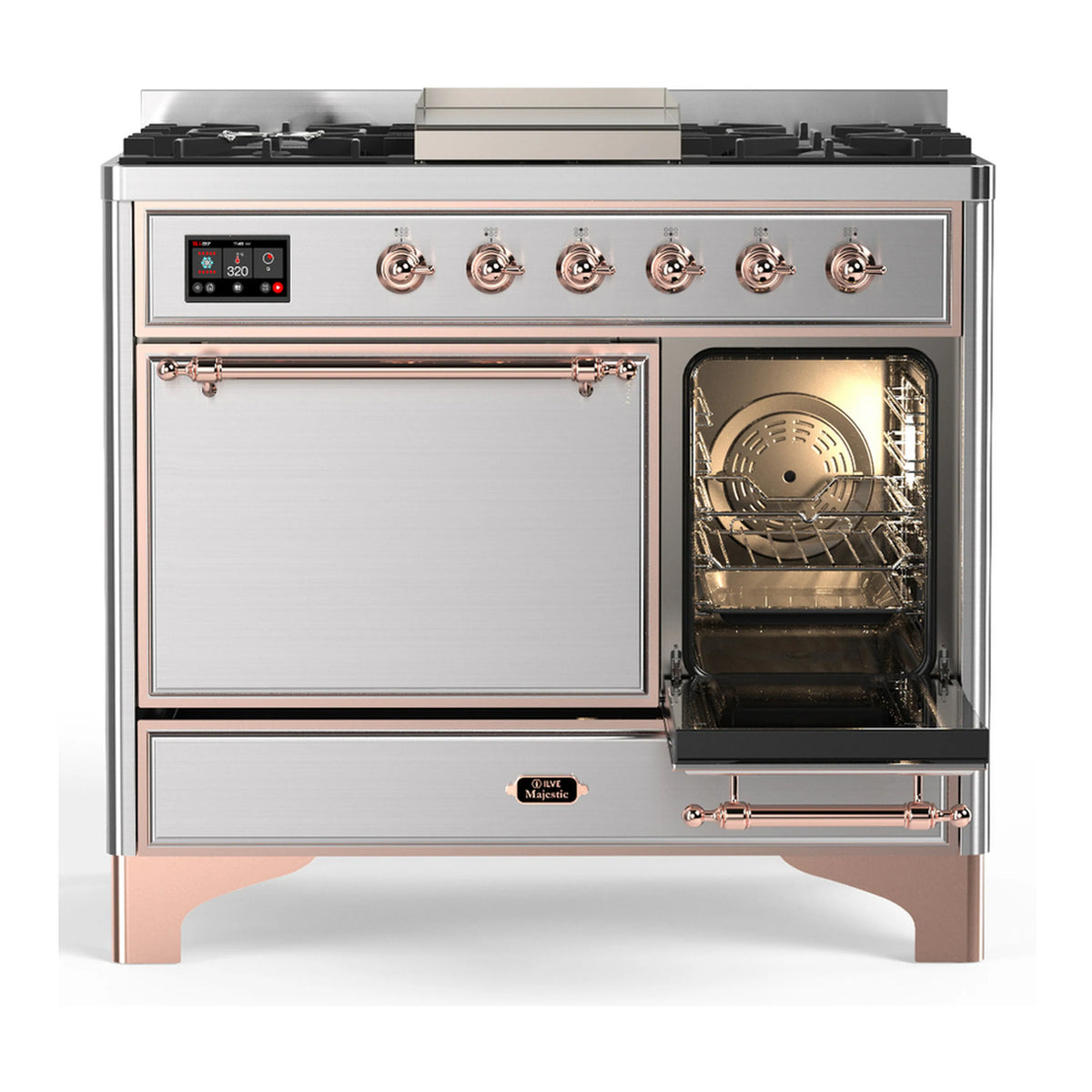 Stainless dual fuel range with copper trim, front controls, left oven closed, right oven open