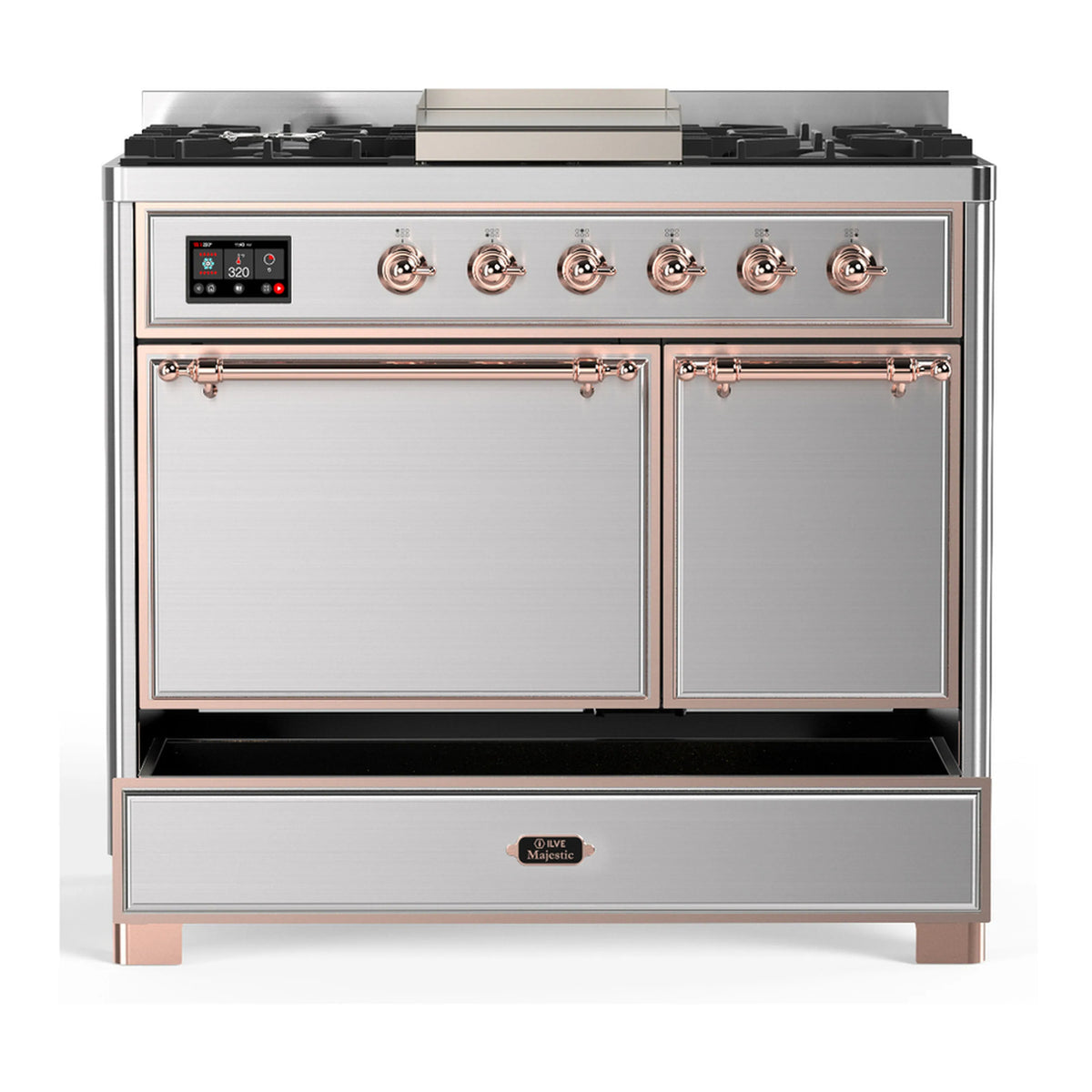 Stainless dual fuel range with copper trim, 6 burners, griddle, and two closed oven doors