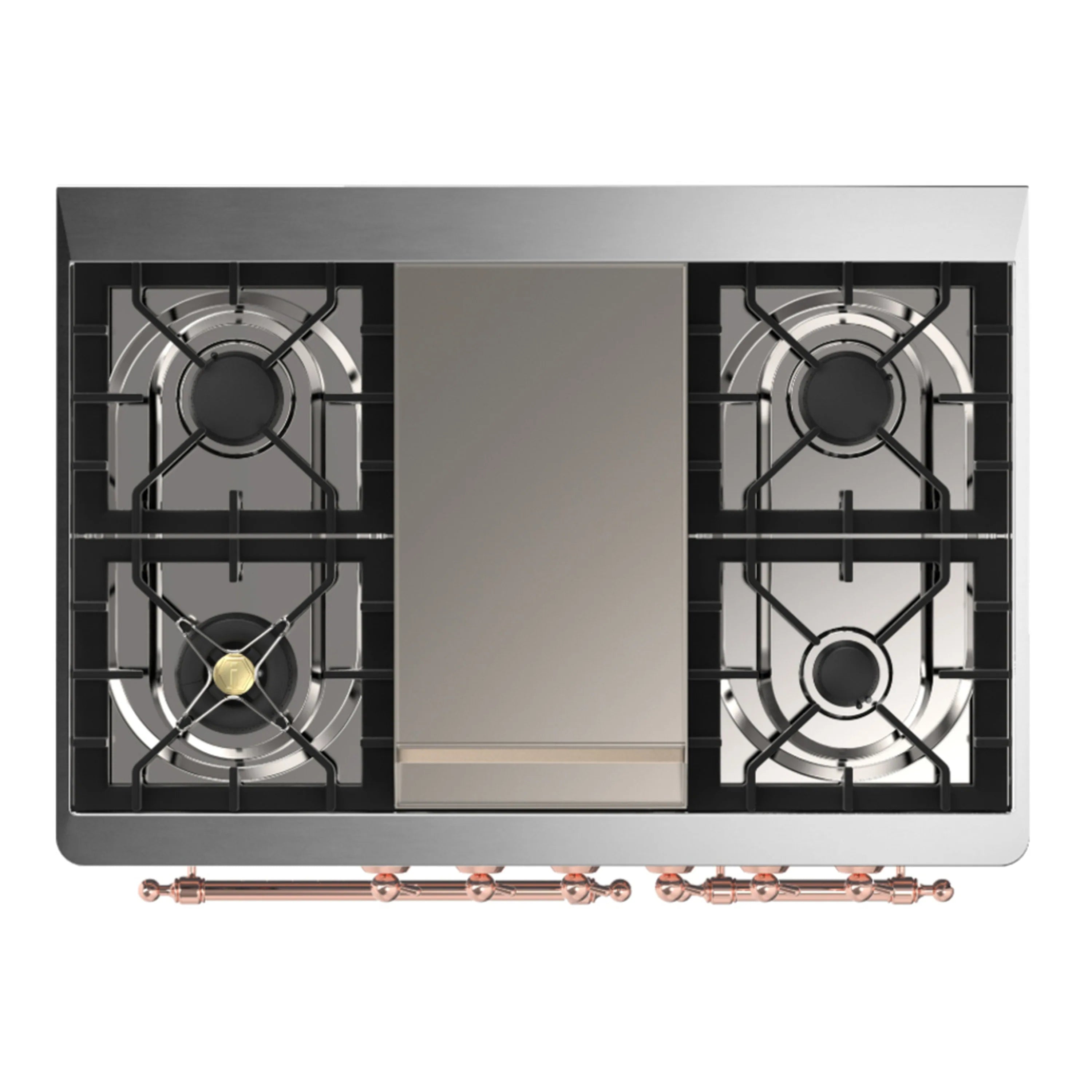 Dual fuel range cooktop with four burner grates and black cooktop surfaces