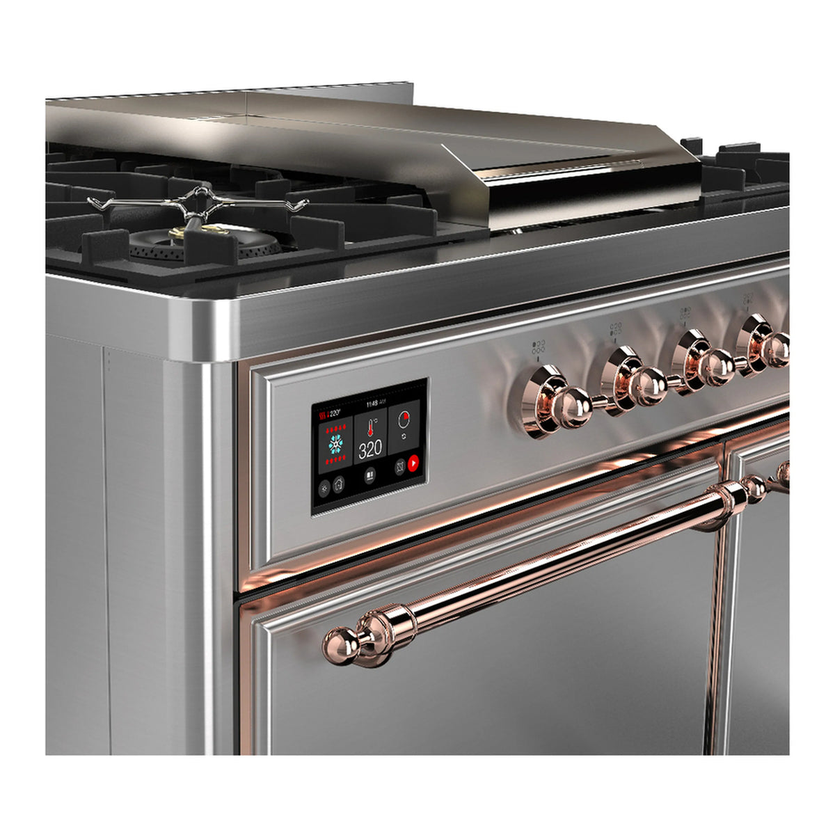 Stainless range control panel with display and copper-finish handle accents