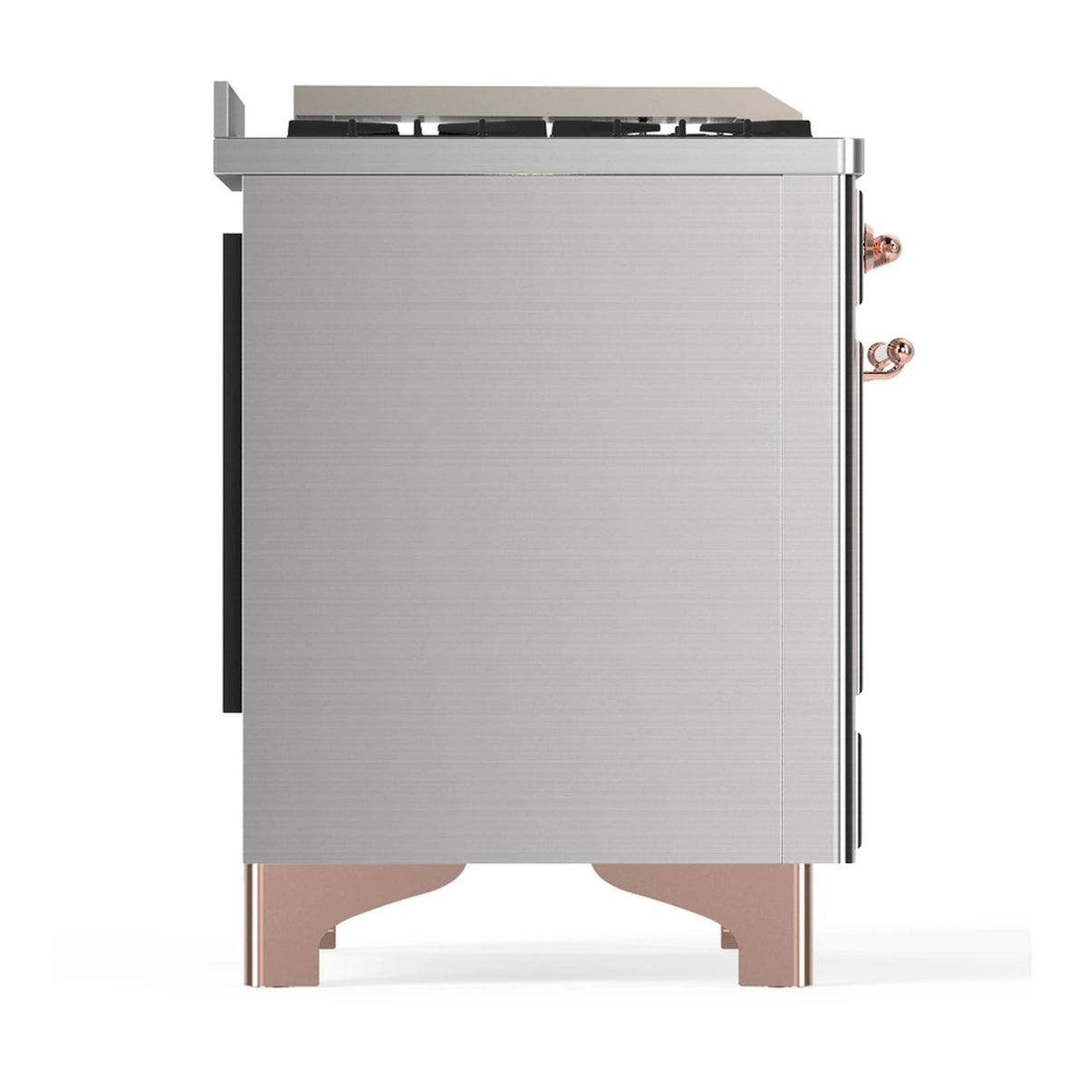 Stainless dual fuel range side panel with copper-trim legs and side door handles
