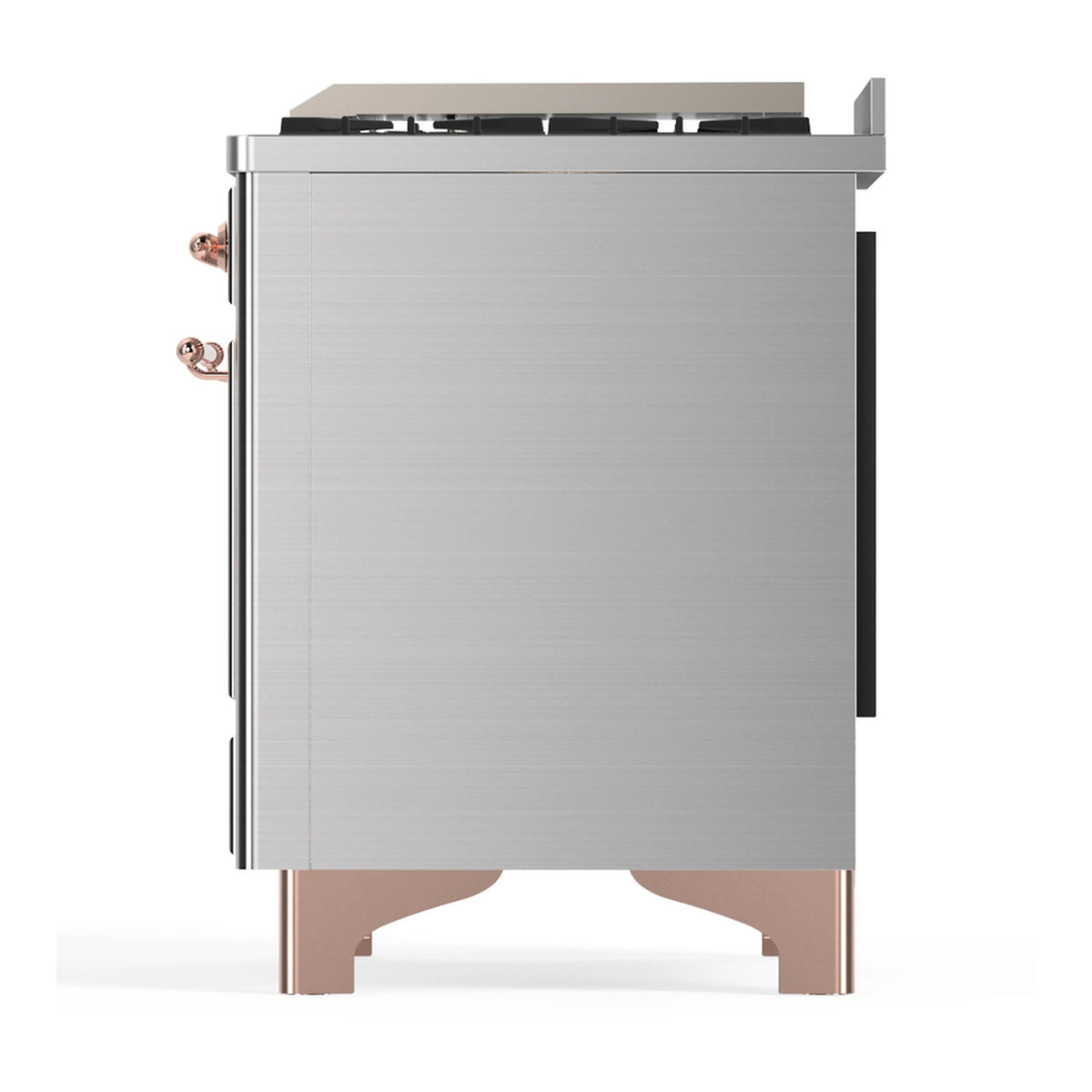 Stainless dual fuel range back-side view with copper-trim corners and legs