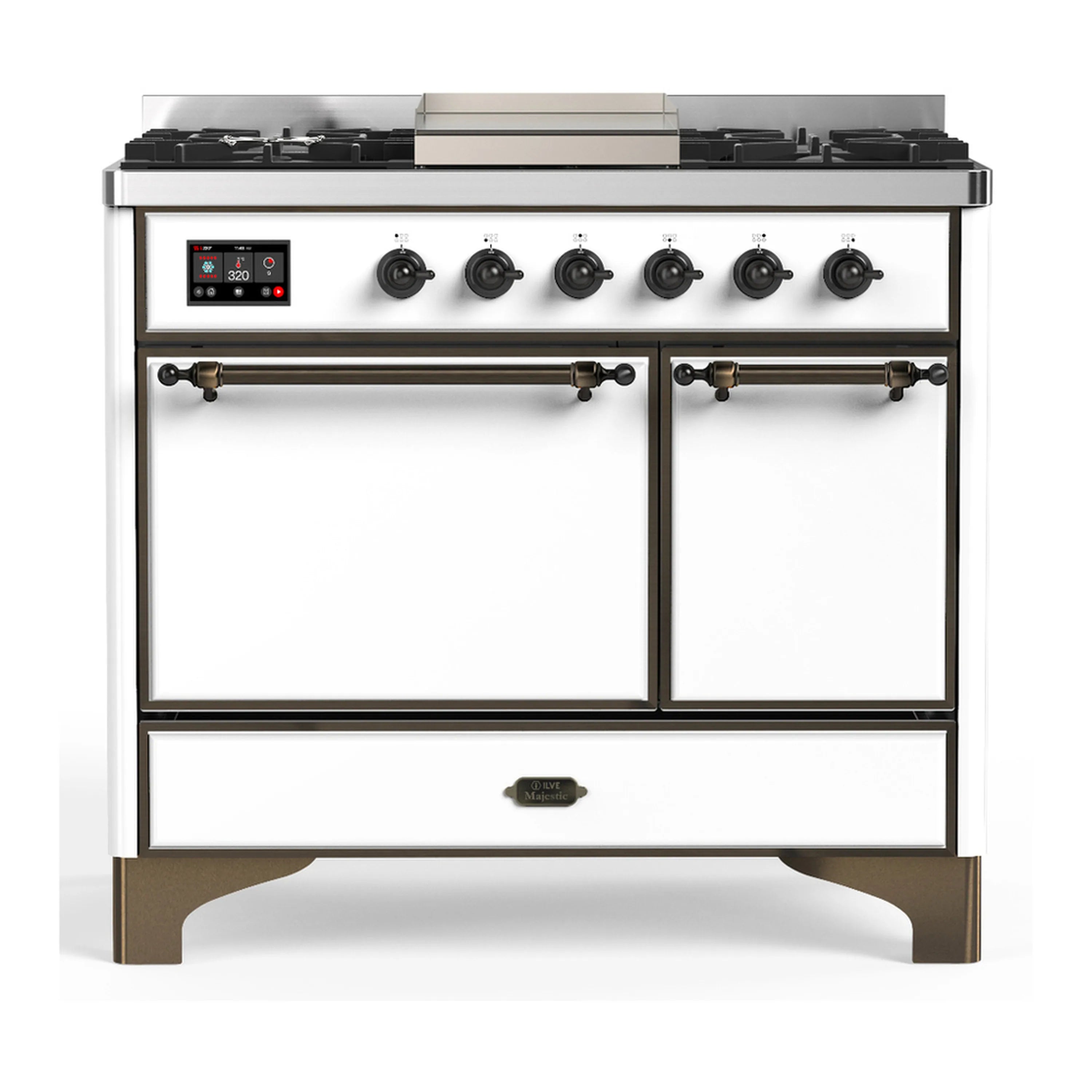 White dual-fuel range front view with control panel, 6 burners, and griddle; doors closed.