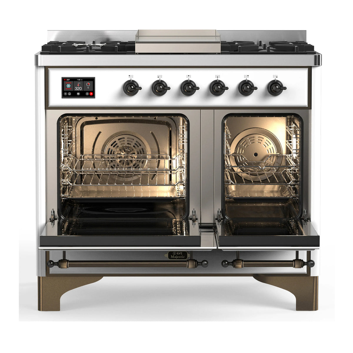White dual-fuel range with open left and right ovens, 6 gas burners, griddle; burnished trim.
