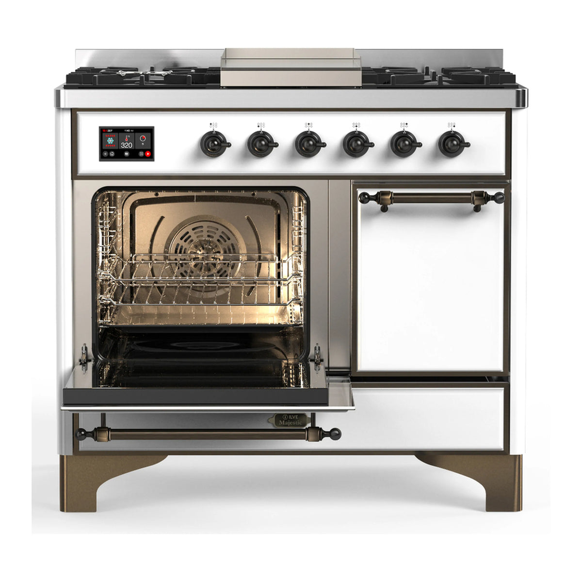 White dual-fuel range with 6 gas burners, griddle, and open oven door; burnished trim.
