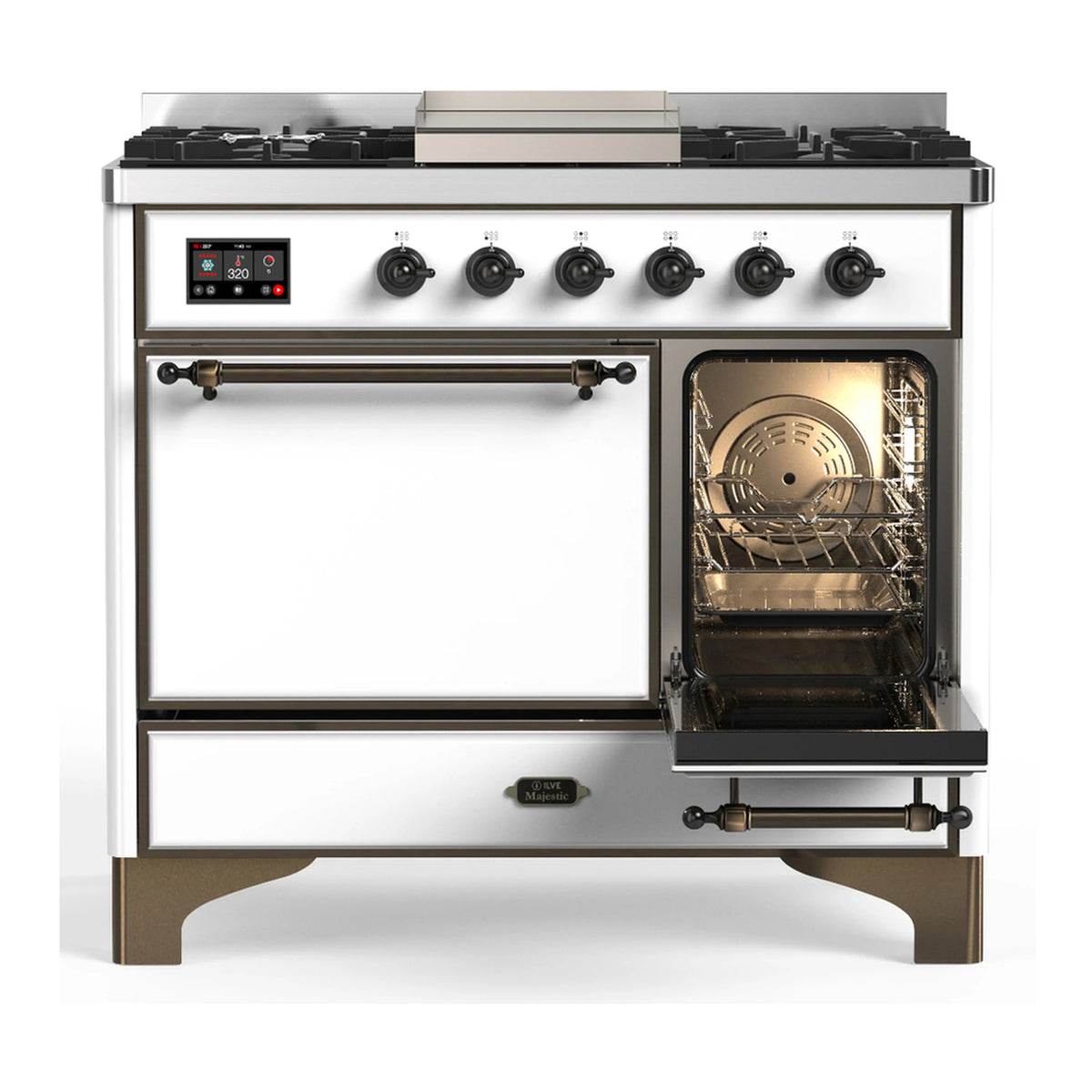 White dual-fuel range with 6 gas burners, griddle, open right electric oven and closed drawer.