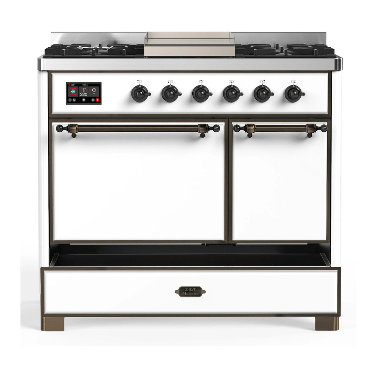 White dual-fuel range with 6 gas burners, griddle, dual oven doors closed; burnished handles.