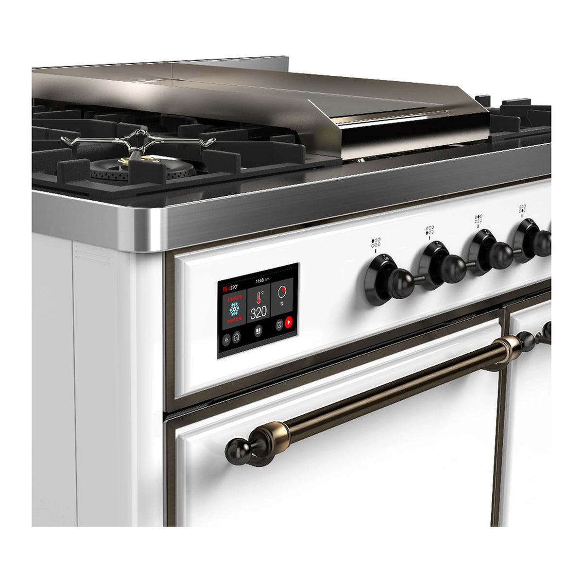 White dual-fuel range control panel with digital display and burner knobs, burnished accents.
