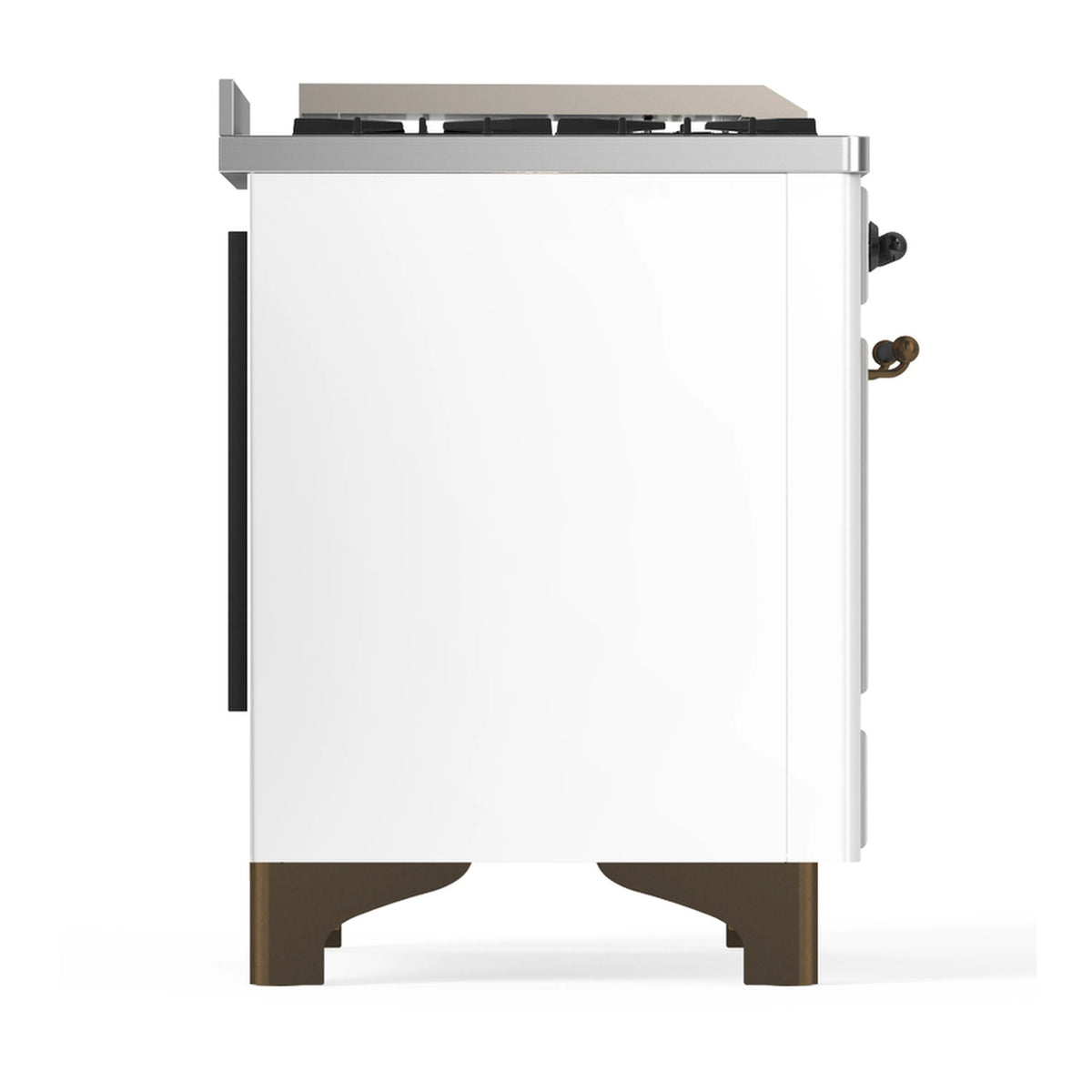 White dual-fuel range side view with tall oven body and burnished base trim.