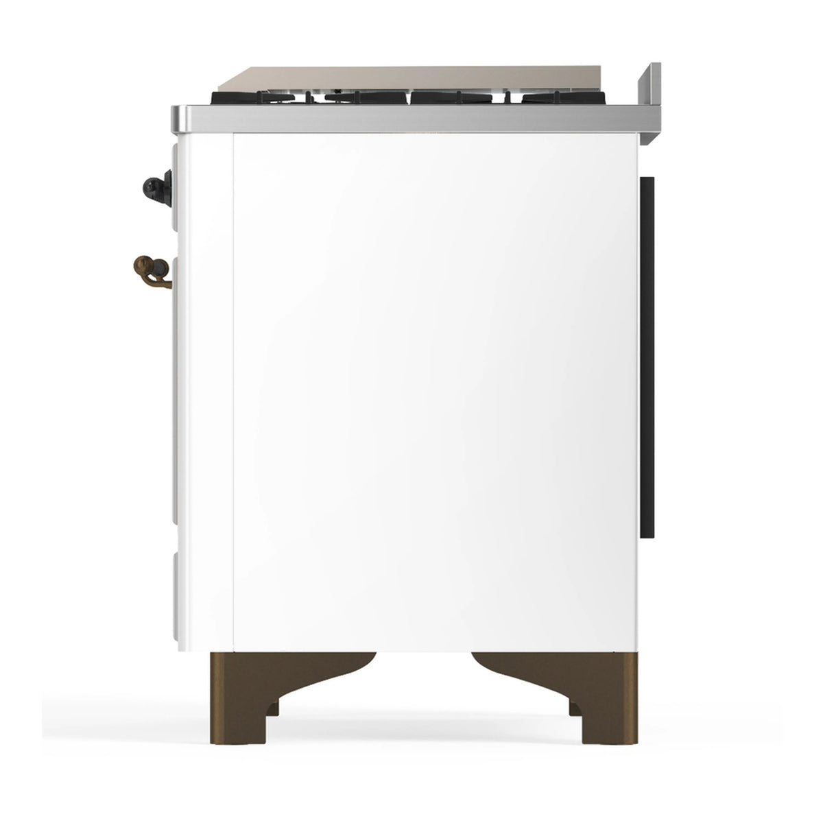 White dual-fuel range angled side view with side handle and burnished base trim.