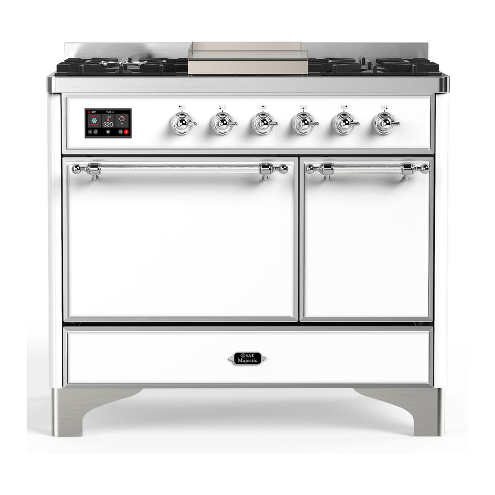 White dual-fuel range with two closed ovens and six gas burners, chrome control knobs