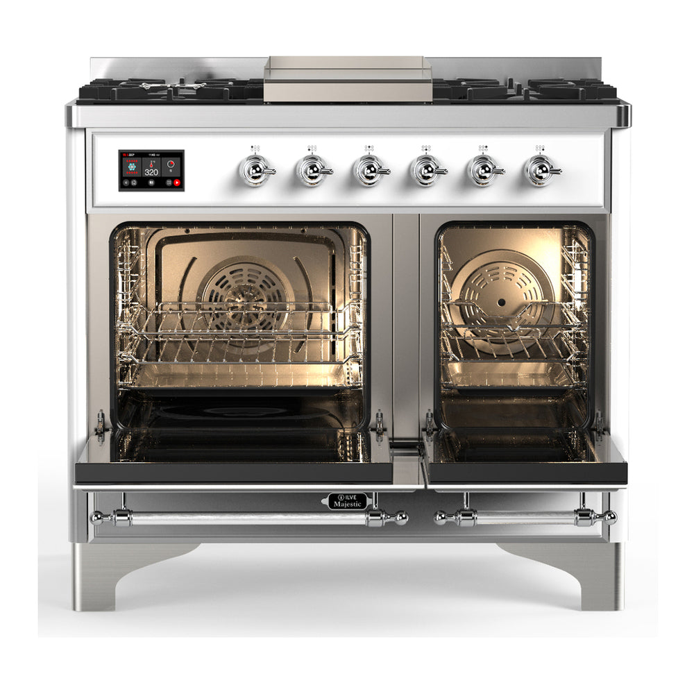 White dual-fuel range with open ovens and six gas burners, chrome knobs and trim