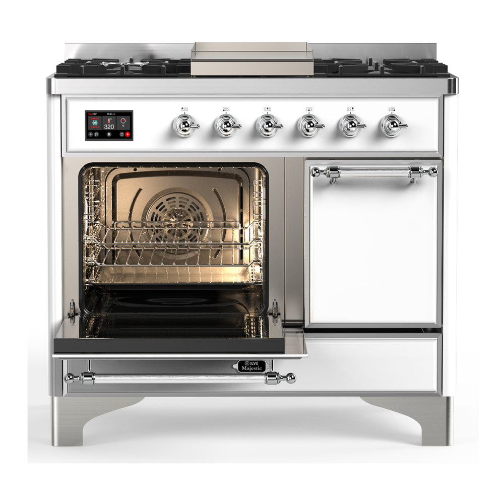White dual-fuel range with left oven open and right oven door open, six gas burners