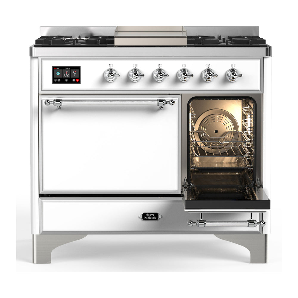 White dual-fuel range with right oven open and left oven closed, six gas burners