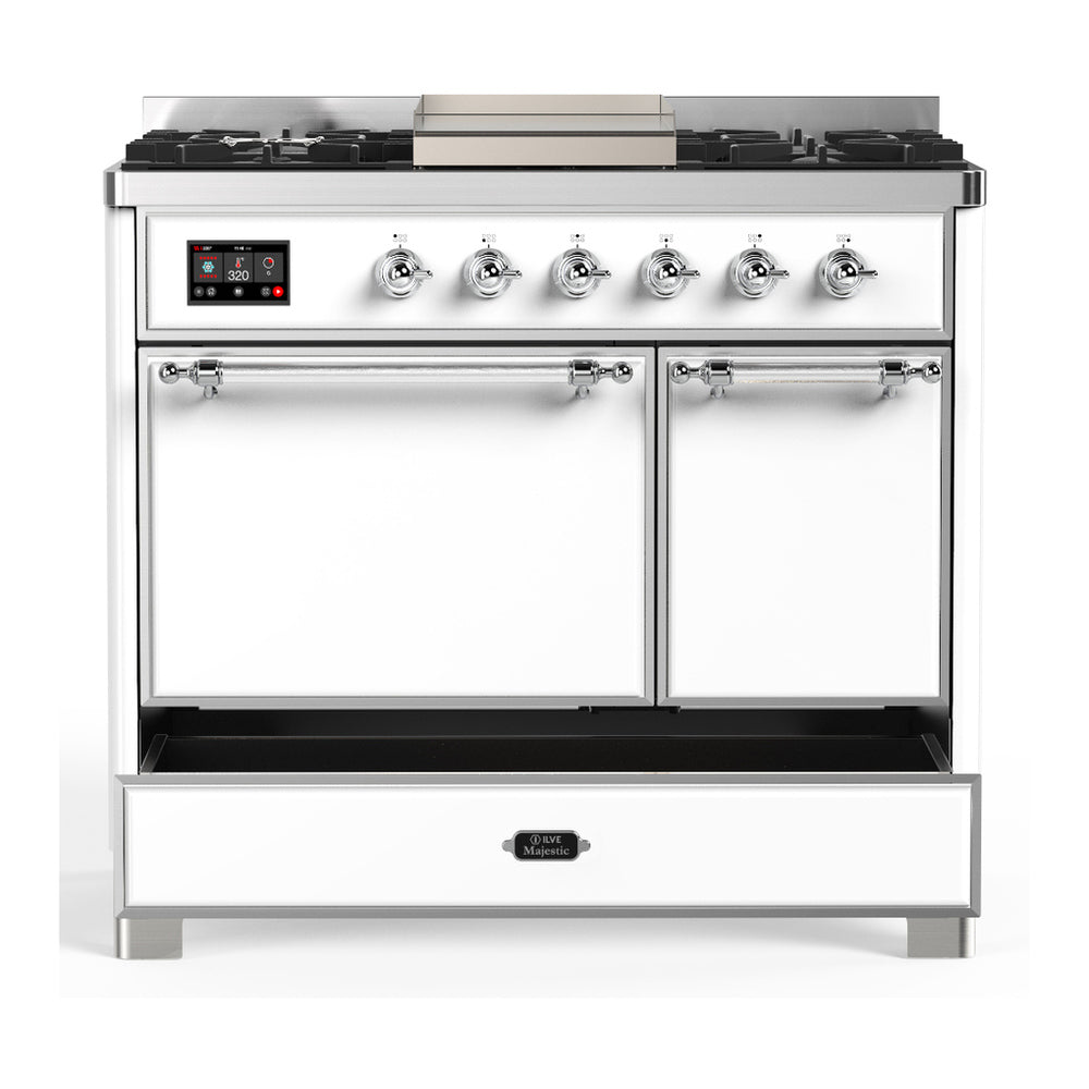 White dual-fuel range with two closed oven doors and six chrome gas burner knobs