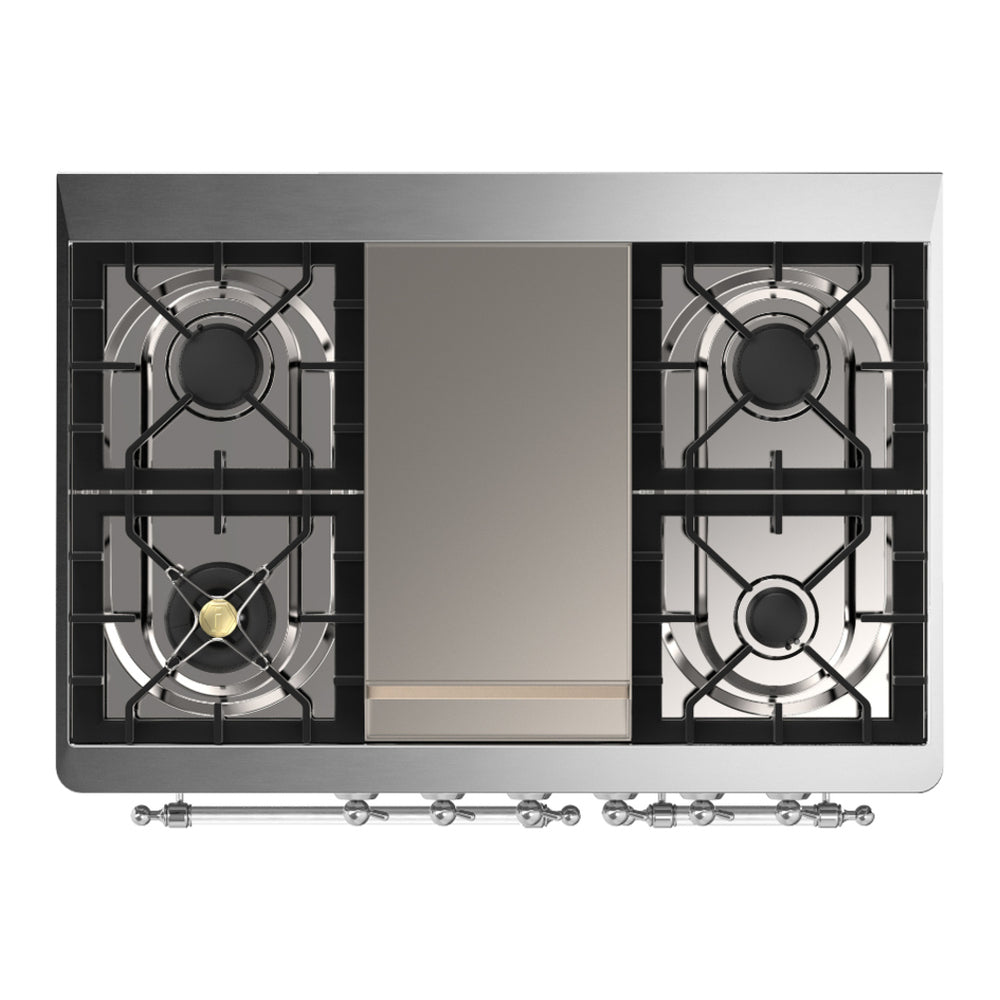Dual-fuel range cooktop with two visible gas burners and dark grates