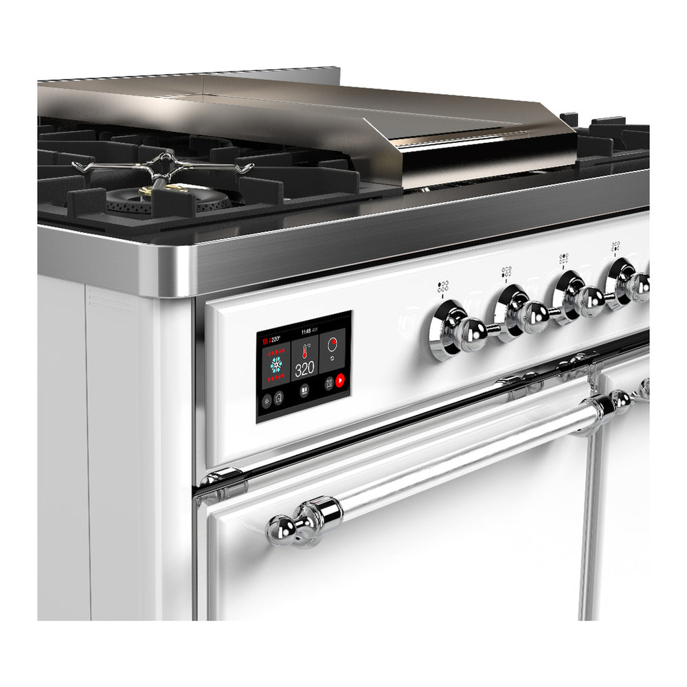 Dual-fuel range control panel with digital display, chrome knobs, and black cooktop
