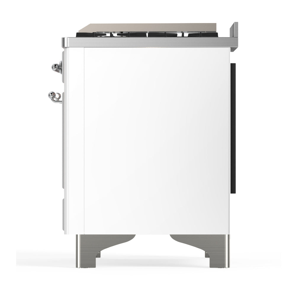 White dual-fuel range side view with chrome edges and dark grates on top