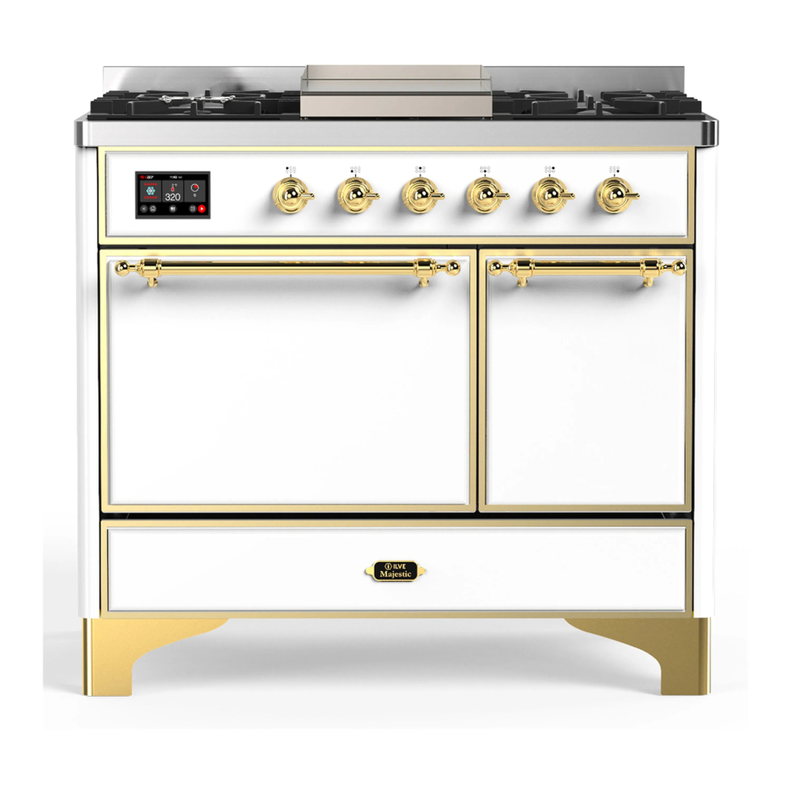 White dual fuel range with brass trim; 6 gas burners, griddle, and two front doors