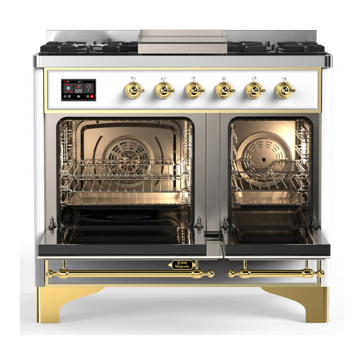 White dual fuel range with brass trim, 6 gas burners, griddle, and two open oven doors