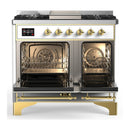 ILVE Majestic III 40-inch Dual Fuel Range with 6 Natural Gas Burner, Griddle and Solid Door Electric Oven in White with Brass Trim (UMD40FQNR3WHG)