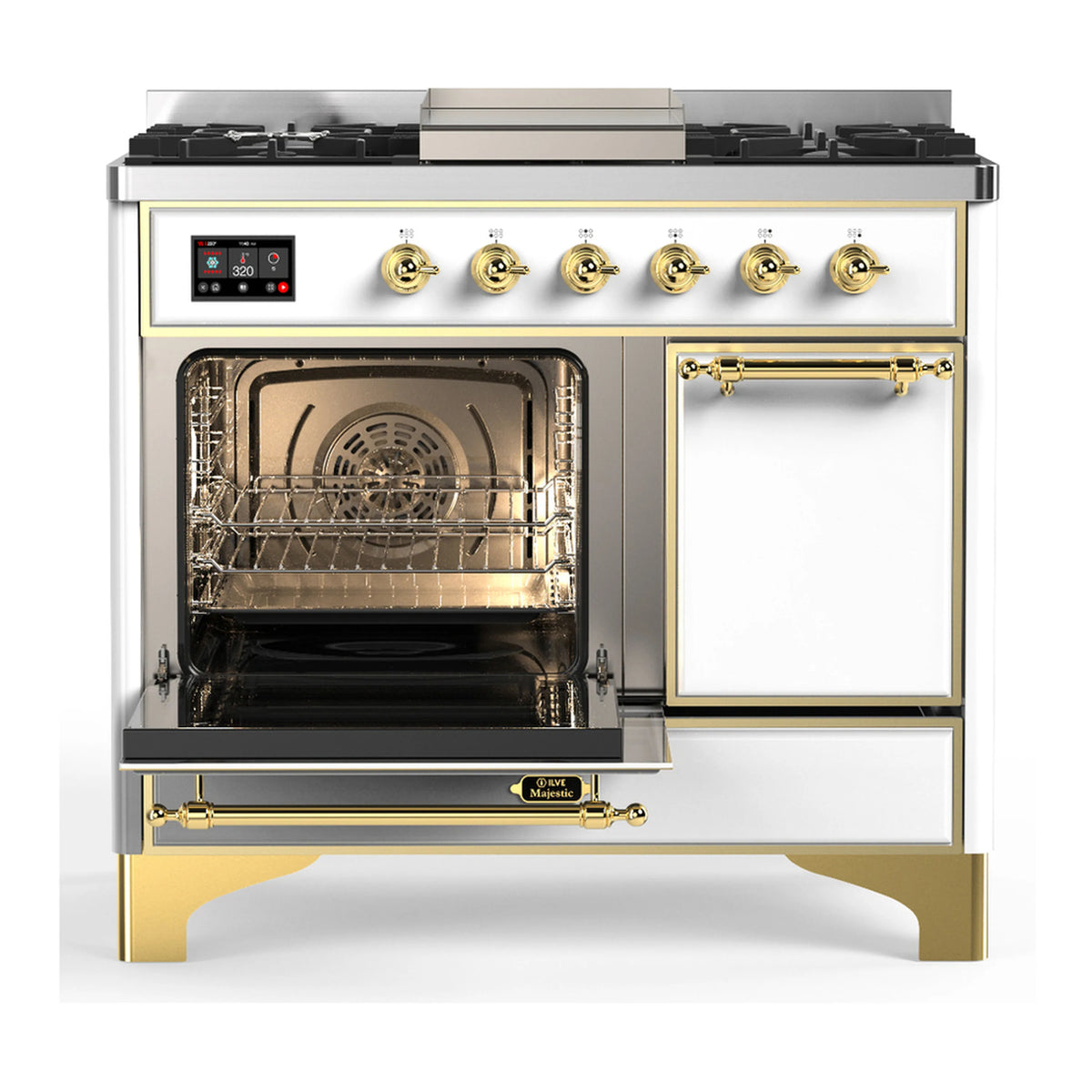 White dual fuel range with brass trim; 6 gas burners, griddle; left oven open, right door closed