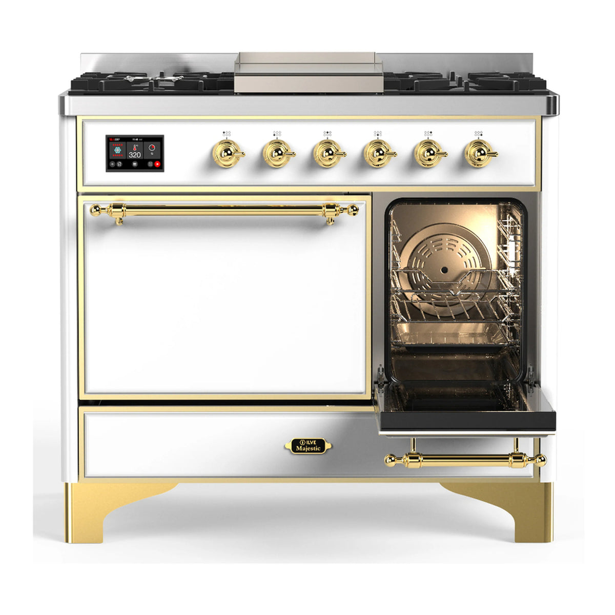 White dual fuel range with brass trim; 6 gas burners and griddle; right oven open, left door closed